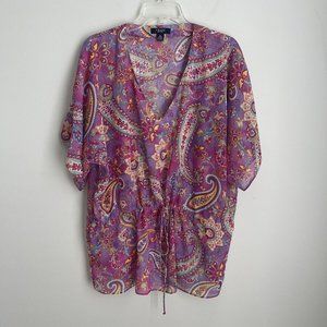 Chaps Purple Paisley Short Sleeve Sheer Blouse
